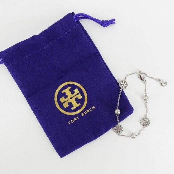 Tory Burch Crystal Logo & Imitation Pearl Station Bracelet Silver OS - Picture 3 of 15